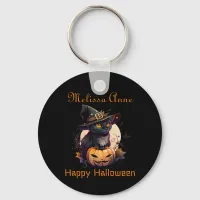 Personalized Cat Mom Black Cat Happy Halloween  Keychain