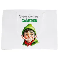 Personalized Little Vintage Boy Elf Christmas Large Gift Bag