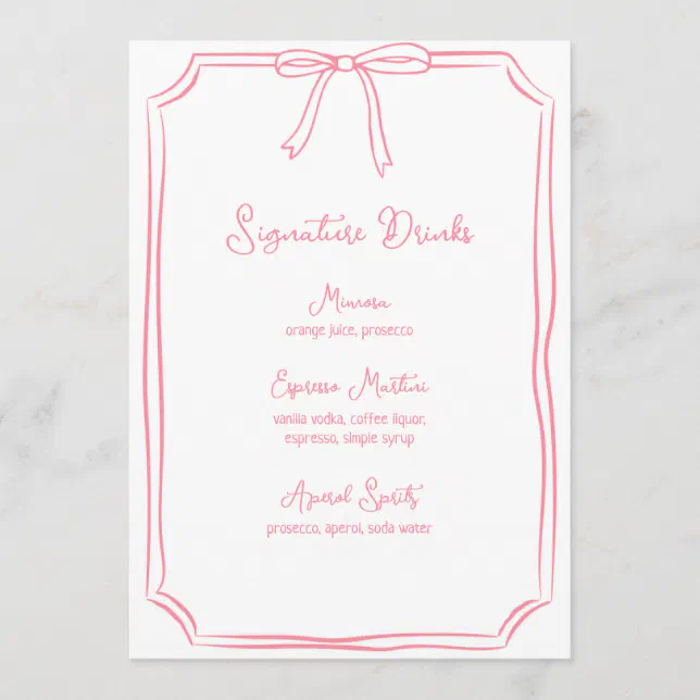 Hand Drawn Bow Coquette Pink Signature Drinks Menu