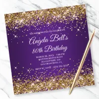 Sparkly Gold Glitter Royal Purple 80th Birthday Invitation