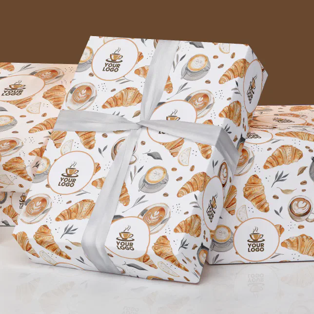 Watercolor Coffee Bakery Pattern with Brand Logo Wrapping Paper