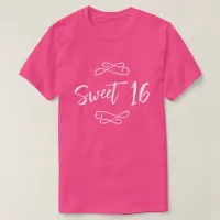 Hot Pink White Chic Doodle Modern Script Sweet 16 T-Shirt