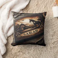 Custom Wood Carving of Horse and Barn at Sunset Throw Pillow