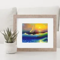 Ocean Waves, Sailboat and Sunset Reflection Poster