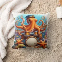 Octopus Playing Drums Underwater in Coral Reef Throw Pillow