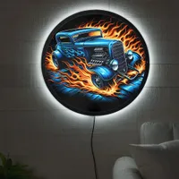 Classic hotrod on fiery asphalt at sunset LED sign