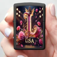 Lisa Golden L With Crown and Flowers Zippo Lighter