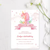 Gold Glitter Unicorn Magical One 1st Birthday  Invitation