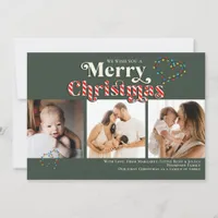 Merry Christmas Fun Candy Cane 3 Photo Red & Green Holiday Card