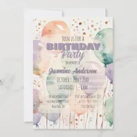 Elegant Whimsy Pastel Watercolor Balloon Birthday Invitation