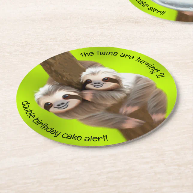 Cute Three-Toed Sloths Happy Twins Birthday  Round Paper Coaster