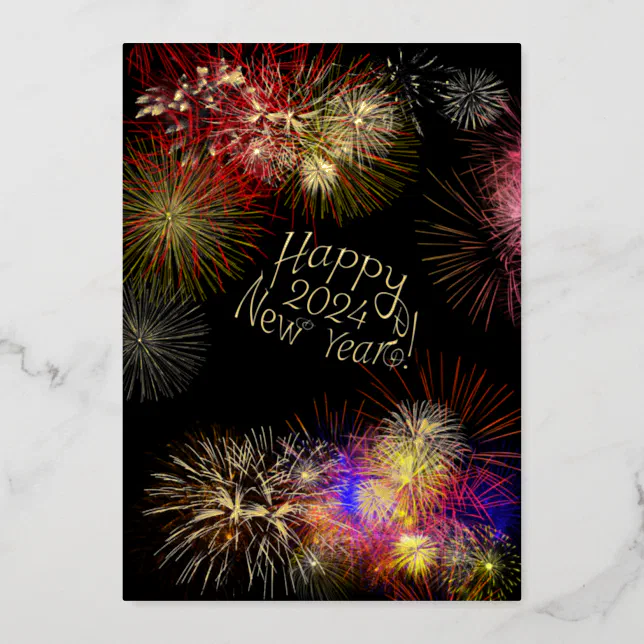 Happy new year 2024 fireworks and gold foil invitation