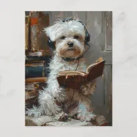 A Cute White Dog Reading A Book Postcard