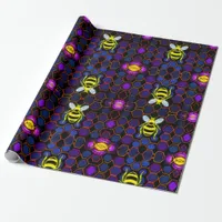  Vibrant Neon Honeybee with Abstract Hexagonal  Wrapping Paper