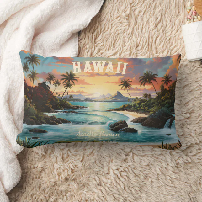 Vintage Hawaii Tropical Beach Travel & Gym Name Lumbar Pillow