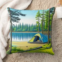 Nature Camping Themed Tent in the Woods Throw Pillow