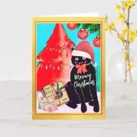 Cute Vintage Black Cat Meowy Christmas Card