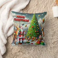 Christmas party with Santa and reindeer Throw Pillow