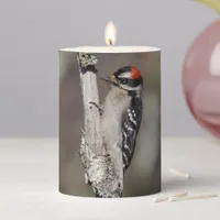 Profile of a Male Downy Woodpecker Pillar Candle