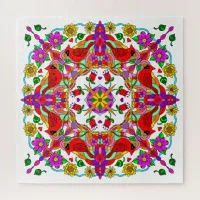 Pretty Colorful Cardinals and Flowers Mandala   Jigsaw Puzzle