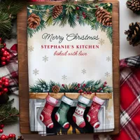 Christmas Stockings Over Fireplace Personalized Kitchen Towel