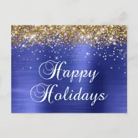 Happy Holidays Gold Glittery Faux Blue Foil Holiday Postcard