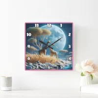 Serene giraffes under the moonlight in Africa Square Wall Clock