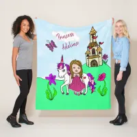 Pretty Magenta Princess and Unicorn Personalized Fleece Blanket