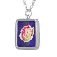 Multicolor rose on a blue  bg silver plated necklace