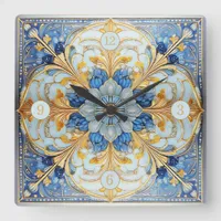 Baroque Floral Tile Pat#17 Soft Blue Gold ID1078 Square Wall Clock