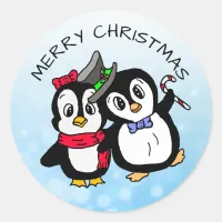 Funny Dancing Penguins with Candy Cane Christmas Classic Round Sticker