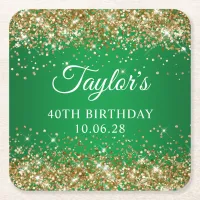 Gold Glitter Green 40th Birthday Square Paper Coaster