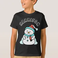 Snowman Custom Name Boys Black Christmas T-Shirt