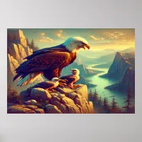 Eagle Perched on Rock With It's Babies Poster