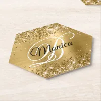 Glittery Gold Foil Fancy Monogram Paper Coaster