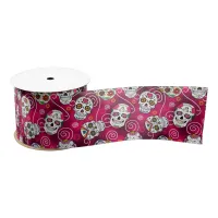 Sugar Skulls and Swirls Rose Red ID725 Satin Ribbon