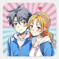 Anime Boy and Girl Couple with Heart Square Sticker