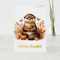 Cute Otter With Thanksgiving Foods and Butterflies Foil Greeting Card