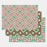 Red Green White Geometric Mosaic Christmas Pattern Wrapping Paper Sheets