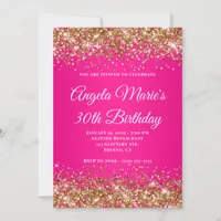 Gold Glitter Hot Pink Fancy Monogram 30th Birthday Invitation