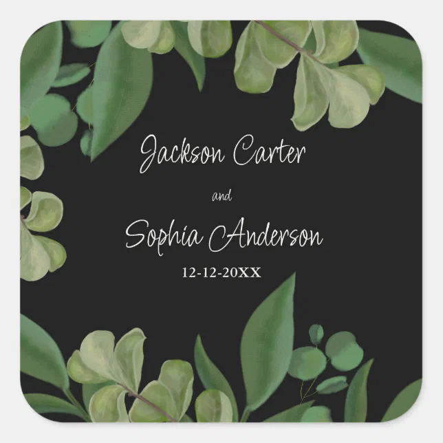 Black & green Elegant rustic greenery leaves lush Square Sticker