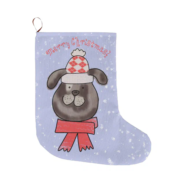 Little Christmas dog wearing knitted cap and scarf Large Christmas Stocking