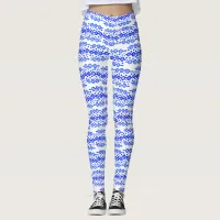 Bold Blue White Batik Circle Block Print Abstract Leggings