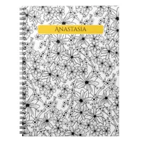 Hand Drawn Floral White Black Pattern Yellow Name Notebook