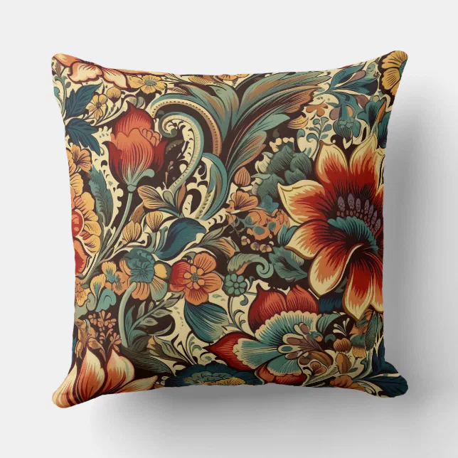 Medieval Antique Inspired Floral Motifs Throw Pillow