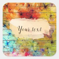 Butterflies on a Colorful Rustic Wood Square Sticker