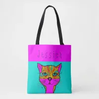 Custom Name Funky Colorful Cat Purple Teal Tote Bag
