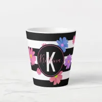 Trendy Floral Black & White Stripes Personalized Latte Mug