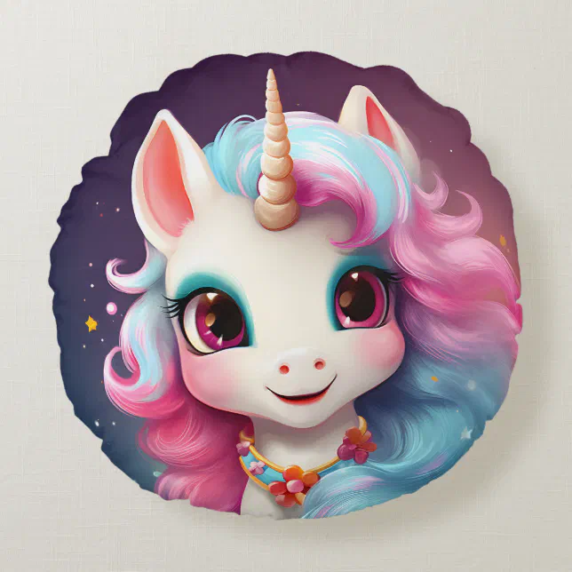 Cute Unicorn Cartoon in Pink & Purple Round Pillow