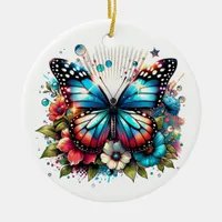 Blue Butterfly and Flowers Personalized Christmas Ceramic Ornament